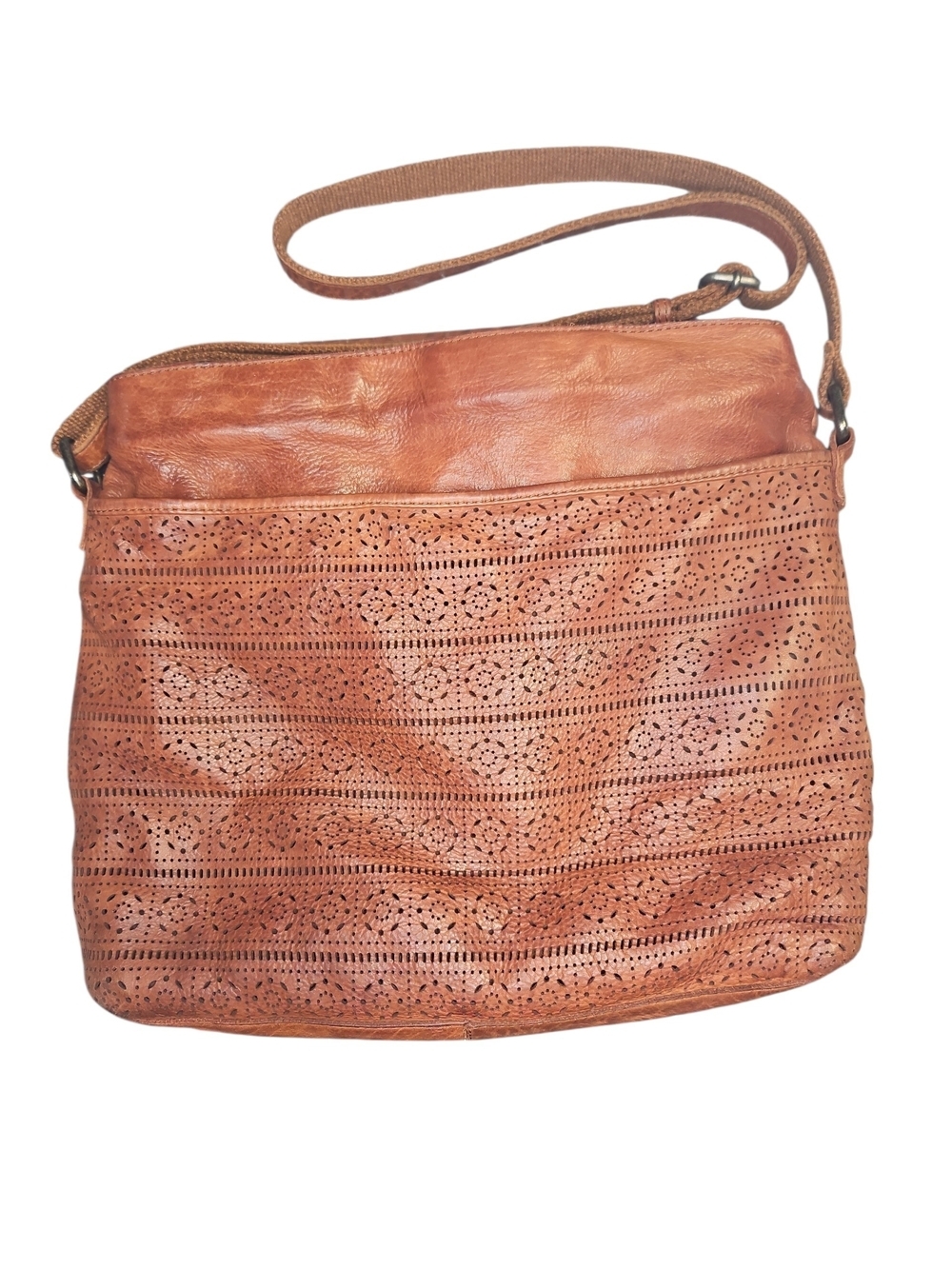 Genicci Leather Laser-Cut Crossbody Bag in Cognac Brown